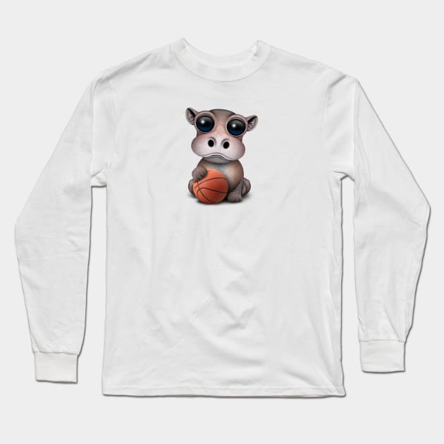 Cute Baby Hippo Playing With Basketball Long Sleeve T-Shirt by jeffbartels